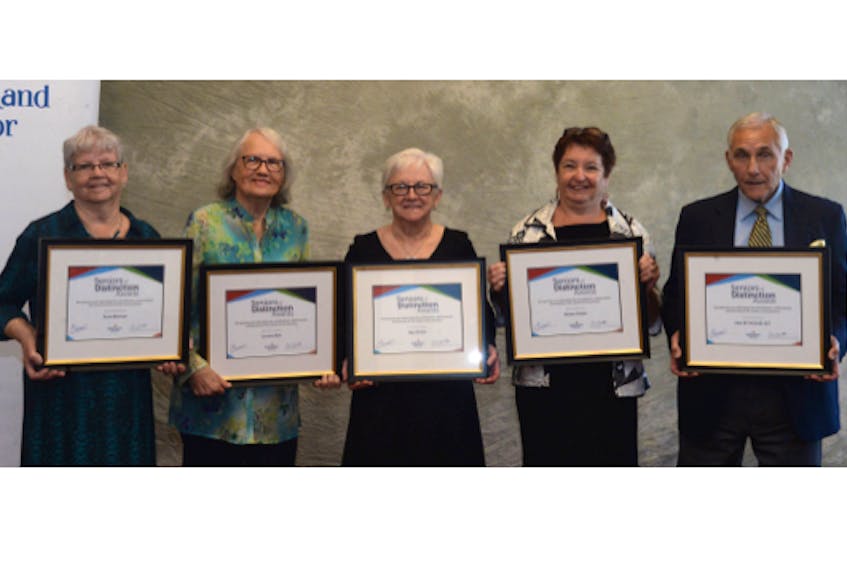 In collaboration with National Seniors Day in Canada and also being the International Day of Older Persons, the province’s Children, Seniors and Social Development department awarded its annual Seniors of Distinction Awards at the Holiday Inn on Tuesday afternoon. The 2019 recipients are (from left) Annie Brennan of Marystown, Lorraine Best of Paradise, Olga Kinden of Green Island Cove (Northern Peninsula), Noreen Careen of Labrador City and John McGrath of St. John’s.