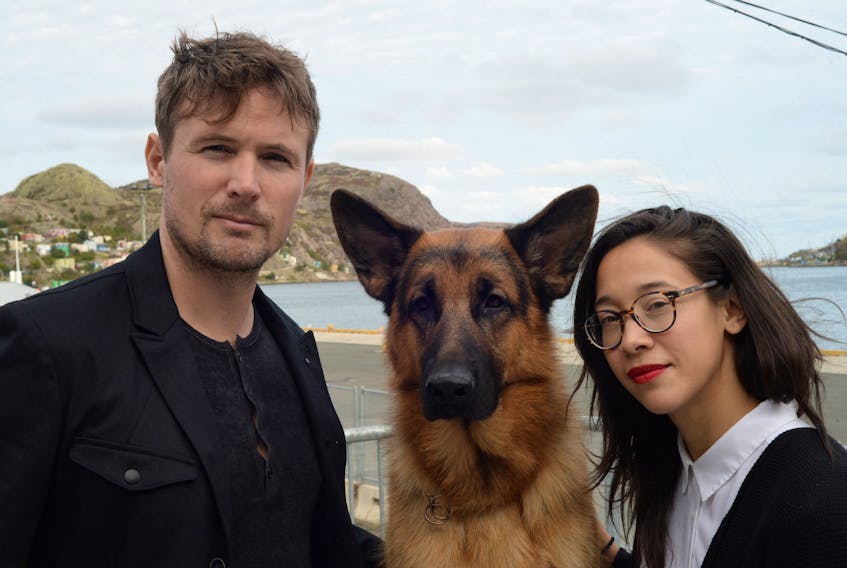 Rex with the two main actors, Mayko Nguyen (right) of Toronto, who plays Sarah, and John Reardon of Halifax, who plays Charlie.