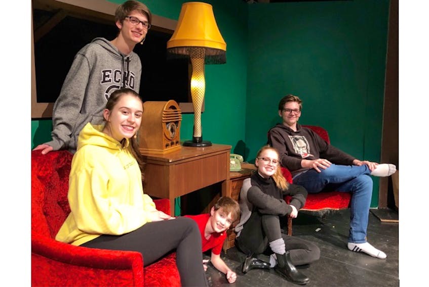 Playing the family in “A Christmas Story” are (from left) Holy Heart of Mary High School students Sophia Ryan, Noah Davis-Abraham, Keegan Roche, Lauren Shepherd and Cameron Johnston.