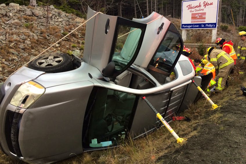 St. John's Regional Fire Department and Portugal Cove St. Philip's VFD firefighters were on the scene of a single roll-over accident around 2:30 Tuesday, just before the turn on Portugal Cove Road by Windsor Lake near Tilt House Bakery.