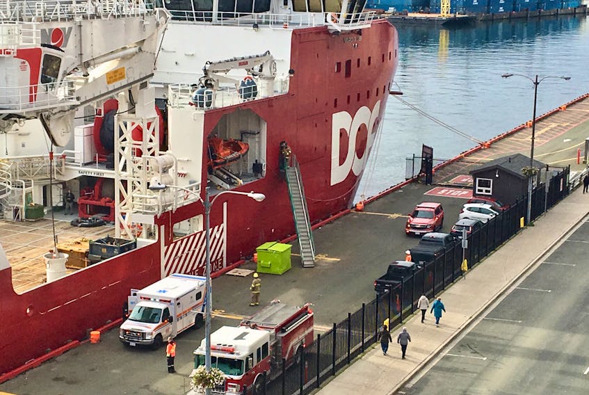 A ramp is positioned at the side of the Skandi Vinland vessel at St. John’s Harbour this morning. — Rosie Mullaley/The Telegram