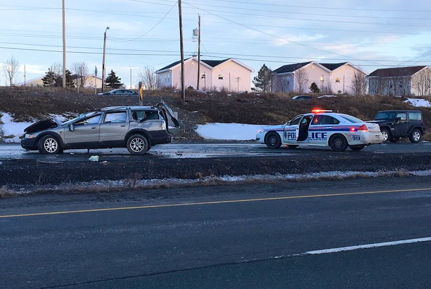 An RNC cruiser blocks traffic near an accident on Pitts Memorial Drive in Mount Pearl Friday aftermoon.