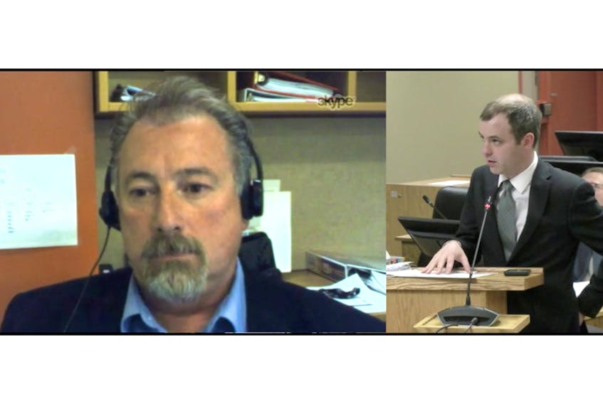 Des Tranquilla (left) listens via video call from Saskatchewan to a question from Bernard Coffey, counsel for Robert Thompson, at the Muskrat Falls Inquiry hearing in St. John’s Tuesday. — Image Courtesy the Muskrat Falls Inquiry