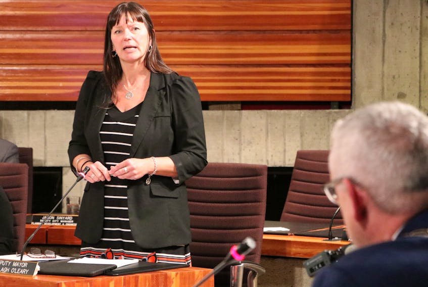 Deputy Mayor Sheilagh O’Leary speaks to a motion at St. John’s city council Tuesday to press the provincial government to ban single-use plastic bags.