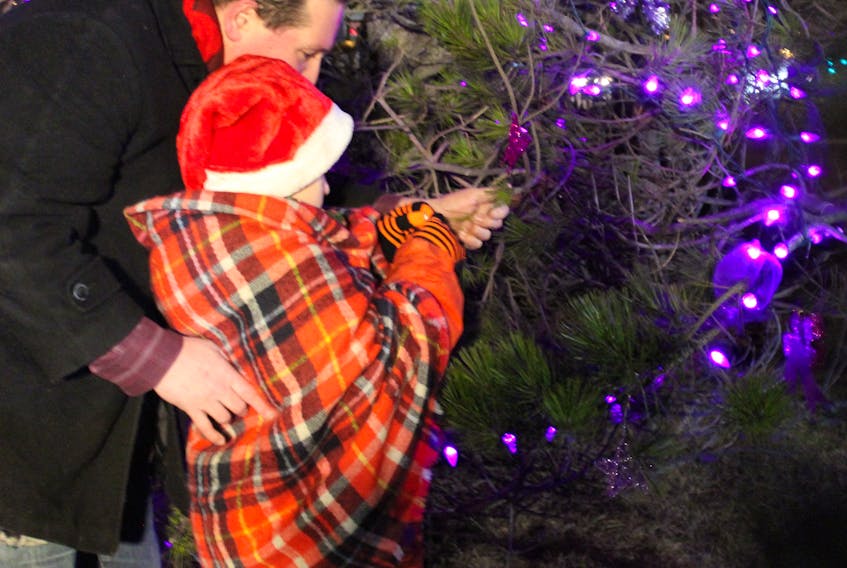 Cortney Lake’s son, Oliver, puts an ornament on the tree at a tree-lighting ceremony Thursday evening at St. David’s Park in Mount Pearl.