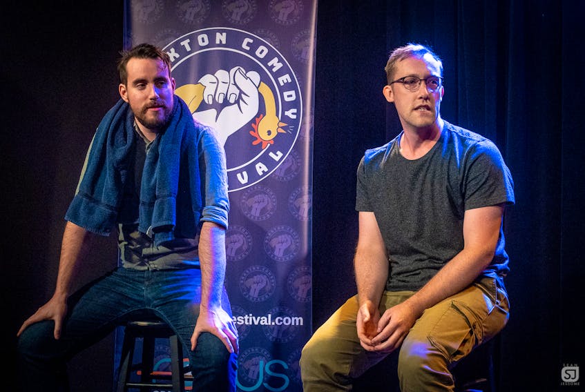 Scott Lloyd (left) and Mike Fardy during their improvised Hardy Boys-esque spectacle titled “Boyventure,” at the Braxton Comedy Festival in St. John’s.