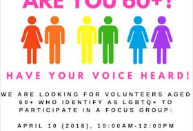 Researchers from the University of Guelph, the University of Ottawa and Lakehead University will be in St. John’s April 10 to meet with a focus group of six to eight LBGTQ+ participants age 60-plus. Six have signed up and there were spaces for a couple more as of Friday.
