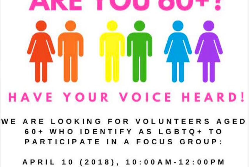 Researchers from the University of Guelph, the University of Ottawa and Lakehead University will be in St. John’s April 10 to meet with a focus group of six to eight LBGTQ+ participants age 60-plus. Six have signed up and there were spaces for a couple more as of Friday.
