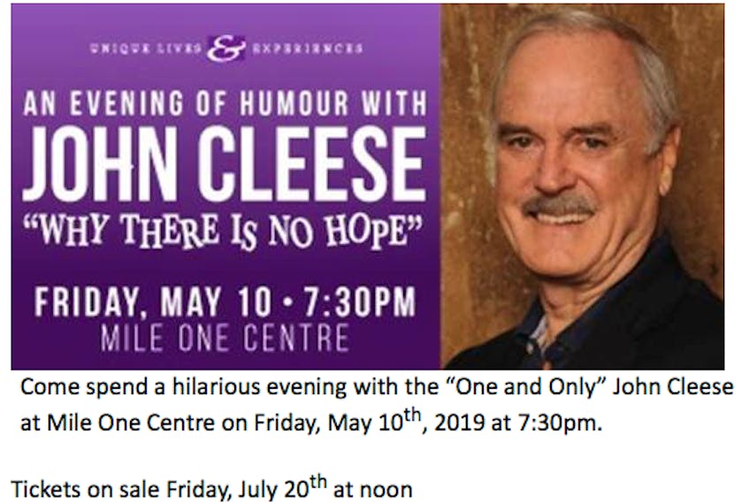 Monty Python's John Cleese is coming to St. John’s in 2019.