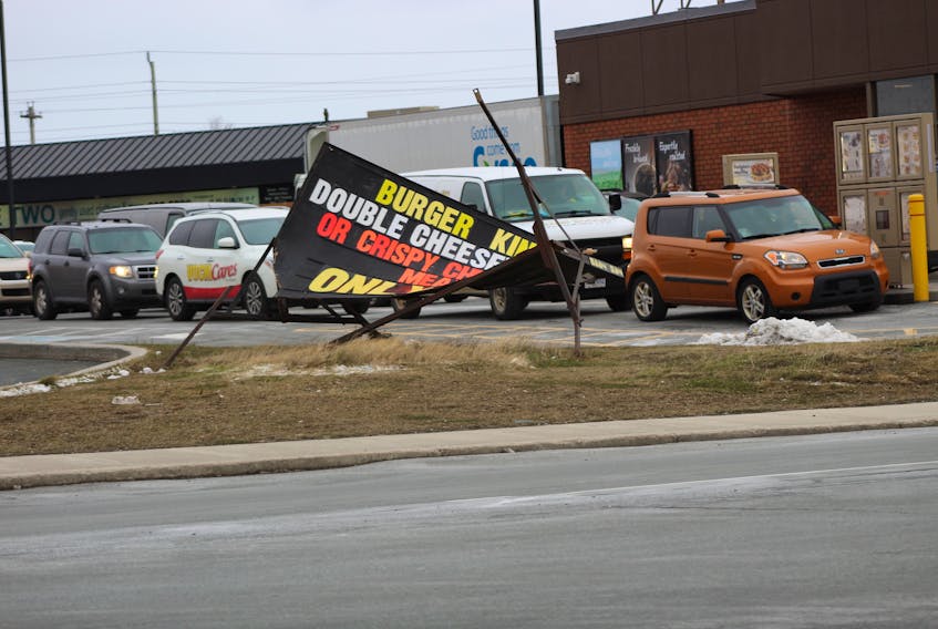 The high winds that hit Newfoundland and Labrador Wednesday night and Thursday claimed a few signs in and around St. John’s. This one, on Burger King at Ropewalk Lane, was one of the casualties. —