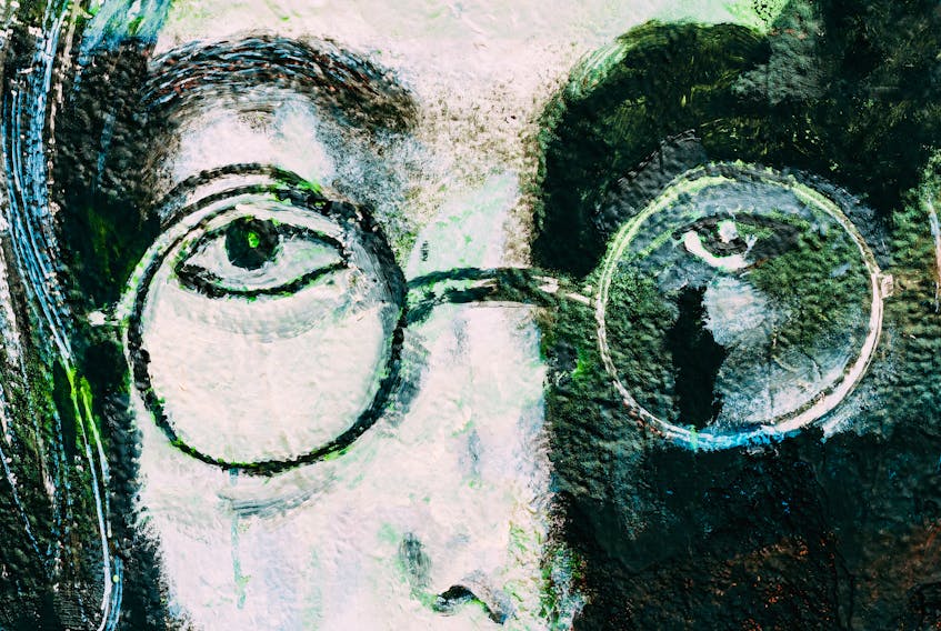 Detail from a painting of John Lennon, Prague. —