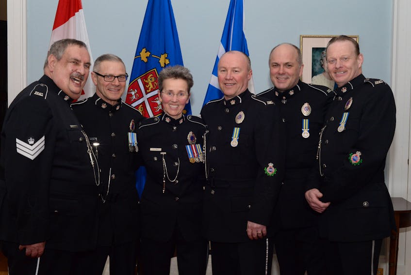 Pictured (from left) are A/Insp. Joe Gullage, Sgt. Kenny Jackson, Const. Georgina Short, Sgt. Hubert Hall, Sgt. Roger Devereaux and Sgt. Brad Saint.