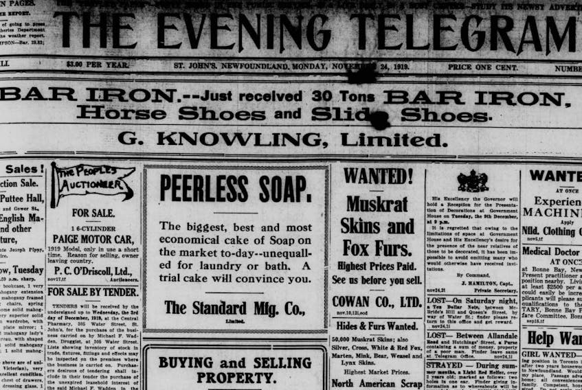 The Evening Telegram of Nov. 24, 1919, back when people were seeking Muskrat skins, rather than feeling skinned by Muskrat. —