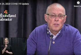 Newfoundland and Labrador Health Minister John Haggie speaks at Tuesday's daily COVID-19 update In St. John's as an American Sign Language interpreter conveys his comments to deaf and hard-of-hearing people watching the broadcast. - Screenshot from video