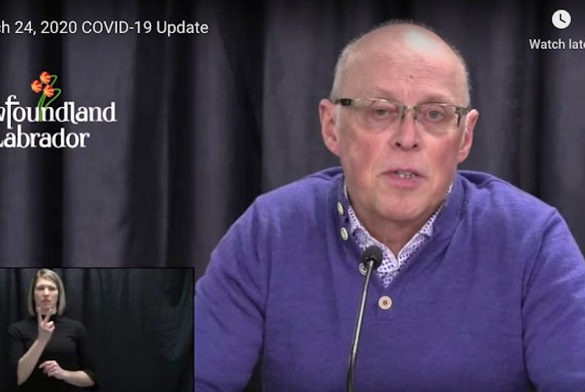 Newfoundland and Labrador Health Minister John Haggie speaks at Tuesday's daily COVID-19 update In St. John's as an American Sign Language interpreter conveys his comments to deaf and hard-of-hearing people watching the broadcast. - Screenshot from video