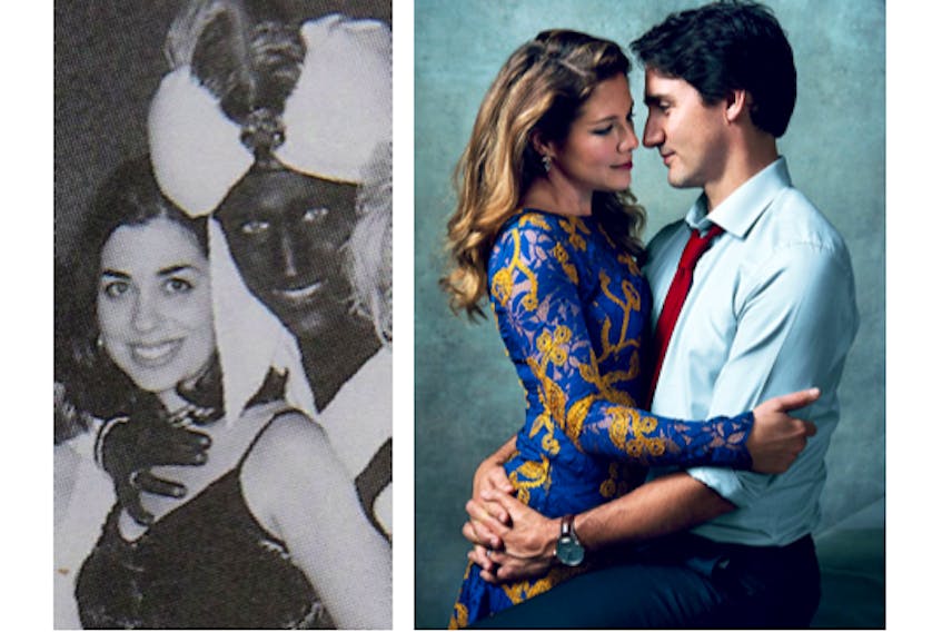 Justin Trudeau (left), dressed as Aladdin and wearing brownface, embraces an unidentified woman in 2001 during a fundraising event for the Vancouver private school at which he was a teacher. Right, Prime Minister Justin Trudeau holds his wife, Sophie Gregoire Trudeau, during a photo shoot for Vogue. The picture appeared in the magazine’s January 2016 issue. SCREEN GRABS