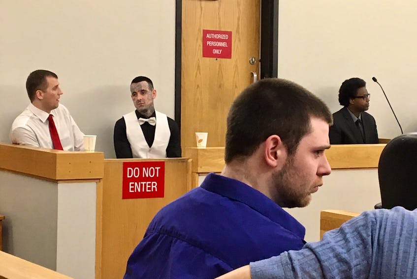 Four men charged in home invasions last year on the Northeast Avalon were back in provincial court in St. John’s today for their trial: (from left) Gary Hennessey, Mitchell Nippard, Tyler Donahue and Abdifatah Mohamed. — Rosie Mullaley/The Telegram