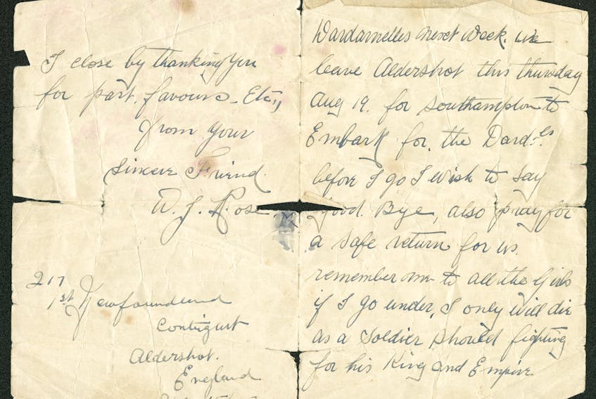 Letter to My Dear Friend from W.J. (Wilfred John) Rose, Aldershot, England, Aug. 15, 1915, Maud Westcott collection. Wilfed John Rose, Regiment No. 217. The Rooms Provincial Archives, MG 289.2