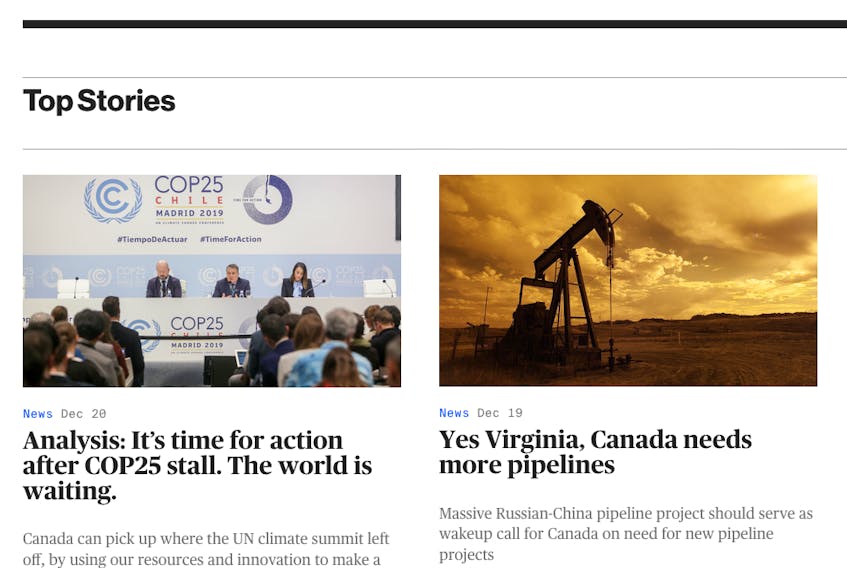 Top "stories" on the Canadian Energy Centre' website. —