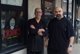 Chefs Gregory Berzinsky (left) and Luis Alcazar are shown outside the soon-to-be-opened Mexican restaurant Cojones Tacos & Tequila. Located on the ground floor of the Franklin Hotel on Water Street in St. John's, it's expected to be open for business later this month.