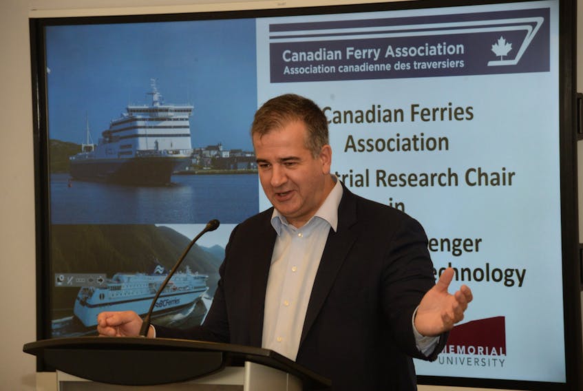 Serge Buy, chief executive officer of the Canadian Ferry Association, discusses a new five-year industrial research chair being established at the Marine Institute in St. John’s during a news conference Wednesday.