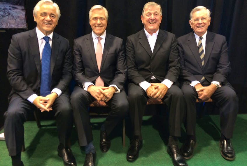 Premier Dwight Ball (second right) announced the construction start for the Voisey's Bay underground mine Monday. 
With him are former premiers Brian Tobin (left), Roger Grimes and Clyde Wells (right).