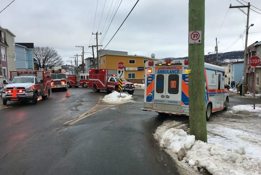 Emergency responders cordoned off the area around Jackman and Greens on Cookstown Road Saturday afternoon after a small electrical fire was reported. — David Maher/The Telegram