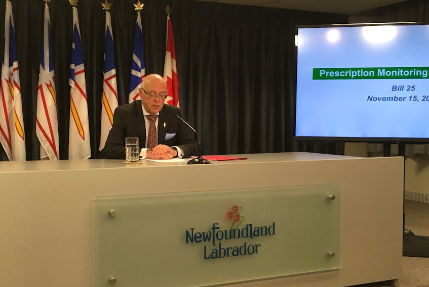 Health Minister John Haggie speaks to reporters at a news conference Wednesday at Confederation Building announcing proposed legislation for prescription monitoring in Newfoundland and Labrador.