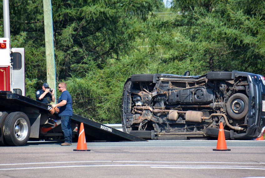 Charlottetown emergency services responded to an accident at the intersection which connects University Avenue and Enman Crescent between a Nissan Pathfinder and a Hyundai Santa Fe Wednesday afternoon. A black Nissan Pathfinder was overturned in the accident.