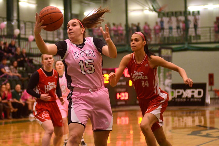 UPEI Panthers centre Carolina Del Santo takes a pass while cutting through the paint during first quarter action Saturday against Memorial.