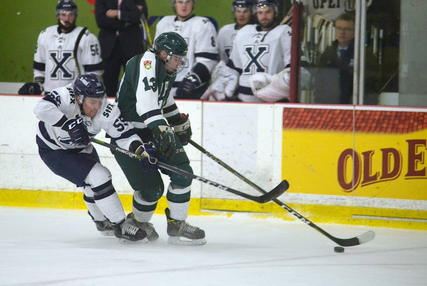 UPEI Panthers forward Beau McCue, right, tries to beat St. FX's Aaron Hoyles Friday during Atlantic University Sport men's hockey action at MacLauchlan Arena.