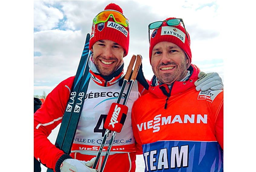 .E.I. native John Flood, right, poses with Alex Harvey after Harvey won gold in a skate sprint race in Quebec City last year during the World Cup Finals. Flood, a physiotherapist working in Montreal, will be in Harvey's corner this month at the 2018 Winter Olympics in Pyeongchang, South Korea.  ©THE GUARDIAN