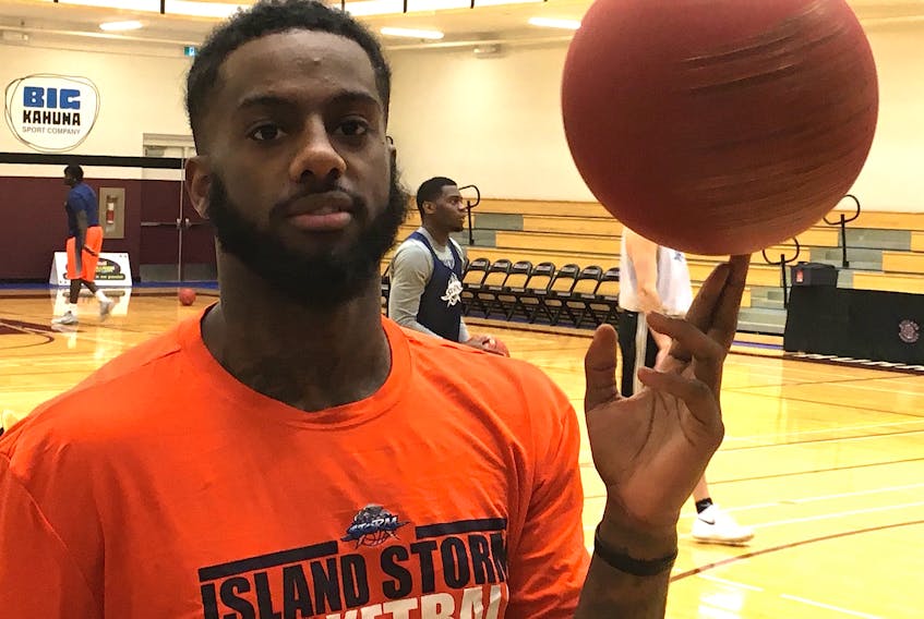 Torrence Dyck Jr. has a little fun while warming up for a recent Island Storm practice. Dyck and crew host the Windsor Express tonight.