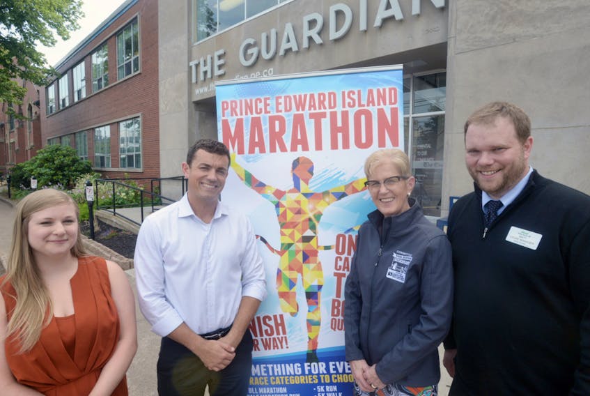 Ellen MacPhail, left, Guardian advertising co-ordinator, joins Kirk MacDonald, P.E.I. Marathon manager, and Myrtle Jenkins Smith, P.E.I. Marathon race director, as well as Sobeys Extra in Stratford general manager Matt Gauthier, in promoting the new kids’ event as part of the marathon. Guardian readers are encouraged to submit ideas for names and logos for the new event.