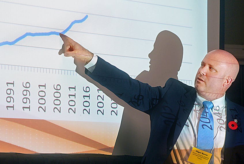 Nigel Burns, director of economics, statistics and federal fiscal relations for the province, points to the 2006 mark on a graph illustrating P.E.I.’s recent population growth. The province had a population of about 135,851 in 2006 according to Statistics Canada. Burns said the province is now at about 152,000 residents, with a goal of increasing to 160,000 by 2022.  ©THE GUARDIAN/Mitch MacDonald