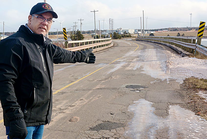 Souris-Elmira MLA Colin Lavie at the North Lake Harbour bridge, which has been restricted to heavy vehicles since November 2016. Lavie and others in the community say the restriction has had a negative effect on farming, fishing and tourism sectors in the area and are asking for a meeting with the province on the issue.  ©THE GUARDIAN