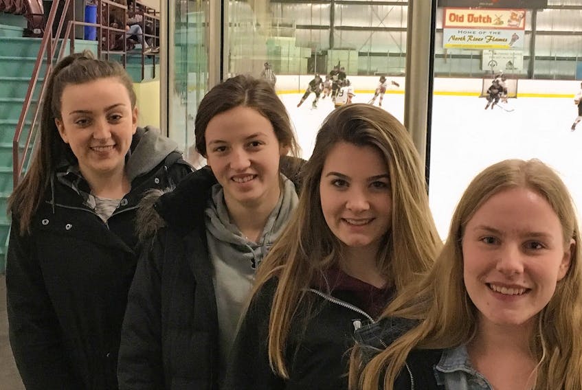Midget division hockey players, from left, Bianna O’Conner of Cornwall, Sydney Wheatley of Warren Grove, Tait Tierney of Meadowbank and Hannah Sentner of New Dominion are graduating from the minor hockey ranks at the end of this season and play in their final Sweetheart female hockey tournament Thursday through Sunday in rinks across eastern and central P.E.I.