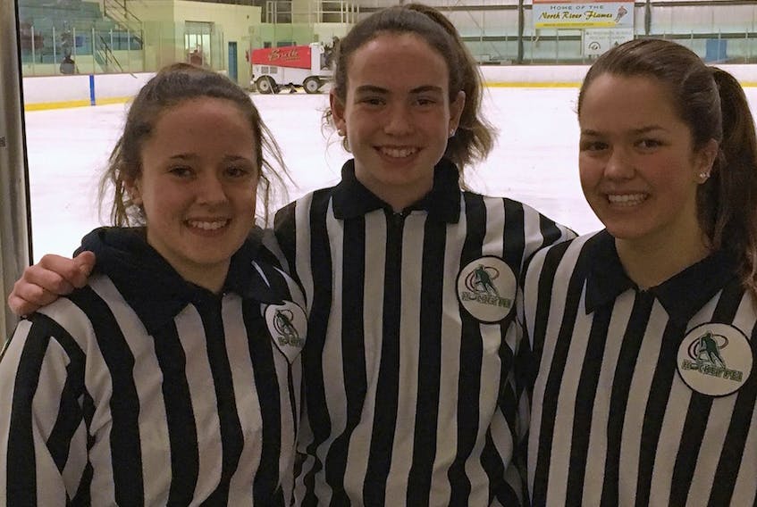 Cassie Lank of New Haven, left, Sarah MacEachern of Canoe Cove, centre, and Sophie Flynn of Emyvale, right, will be making calls as referees and linesmen in the annual Sweetheart female hockey tournament Thursday through Sunday in rinks across eastern and central P.E.I. The trio will also play in the tourney with their respective teams.