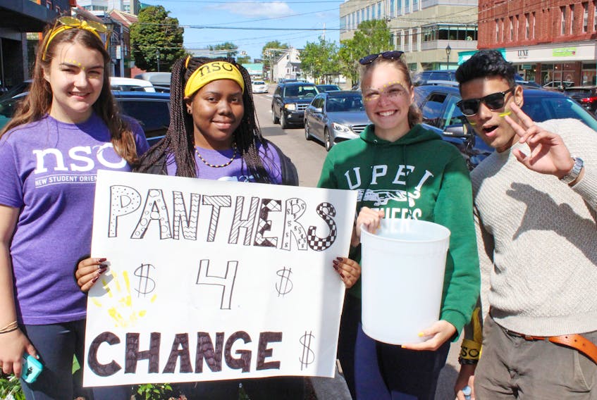 UPEI students, from left, Emily Steele, Alyana Greenland, Erika Miller and Darren Machado were out collecting donations on Sept. 8, 2018 for the university's New Student Orientation.