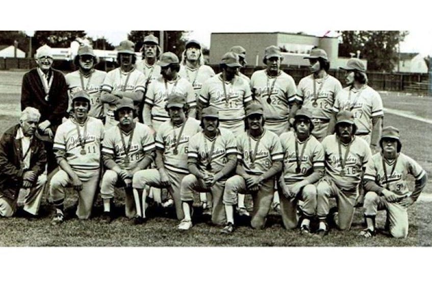 The 1977 P.E.I. Islanders will be inducted into the P.E.I. Sports Hall of Fame on Saturday. Team members, first row, from left, are manager Gus Campbell, Don Schurman, player/coach Mike Kelly, A.J. Gallant, Mike Puiia, Jerry Campbell, Bill Schurman, Winston Weatherbie and Marty Koughan. Second row, president James (Fiddler) MacDonald, Errol Flynn, Ron Fisher, Chris Hunter, Gary Mancuso, Bill Sullivan, Joe Puiia, Don Fisher, player/coach Gerard Smith, Bruce Nicholson and Bill Weatherbie. Missing were Ted Lawlor and coach Don LeClair.