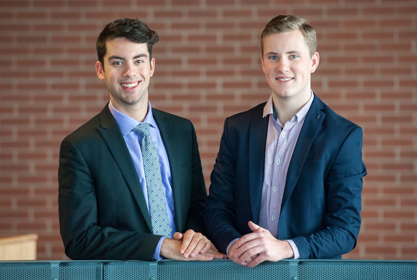 Zach Geldert, left, a fourth-year bachelor of sociology student with an economics minor and business certificate, and Quinton Gorman, a fourth-year bachelor of business administration student (marketing specialization), took second place at the recent Inter-Collegiate Business Competition.