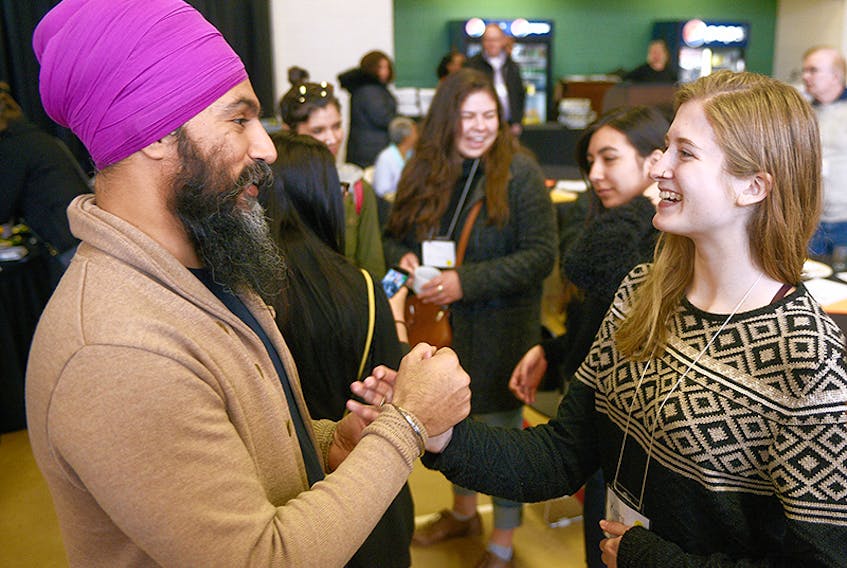 Federal NDP leader Jagmeet Singh chats with NDP P.E.I. member Kari Kruse during a meet and greet at the provincial party’s leadership convention in Murphy’s Community Centre on Saturday. Kruse said she was impressed by Singh, who advocated for a number of social justice issues while in the province.  ©THE GUARDIAN