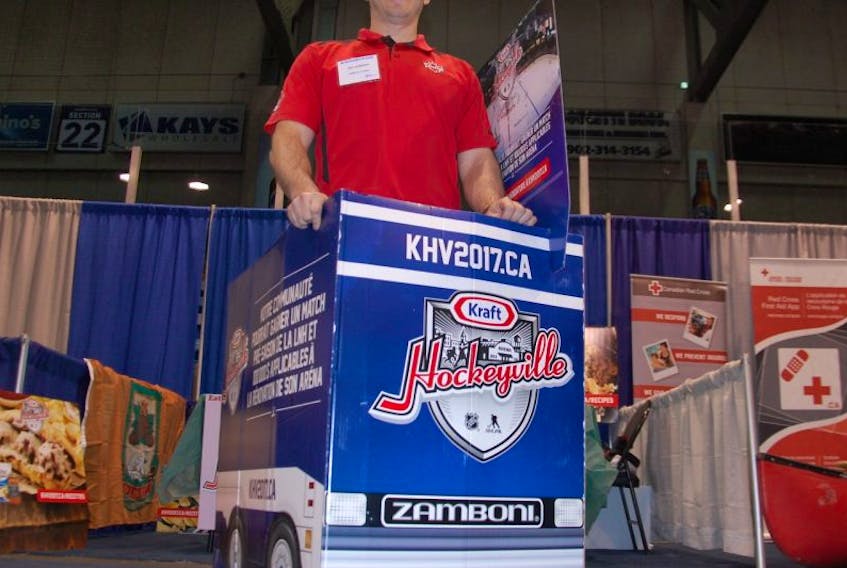 JIM DAY/TC MEDIA Jeff Ellsworth is set up at the P.E.I. Provincial Home Show in Charlottetown looking to drive up support for OLearys bid to win $100,000 in arena upgrades and host an NHL preseason game in Hockey Night in Canadas Kraft Hockeyville competition.