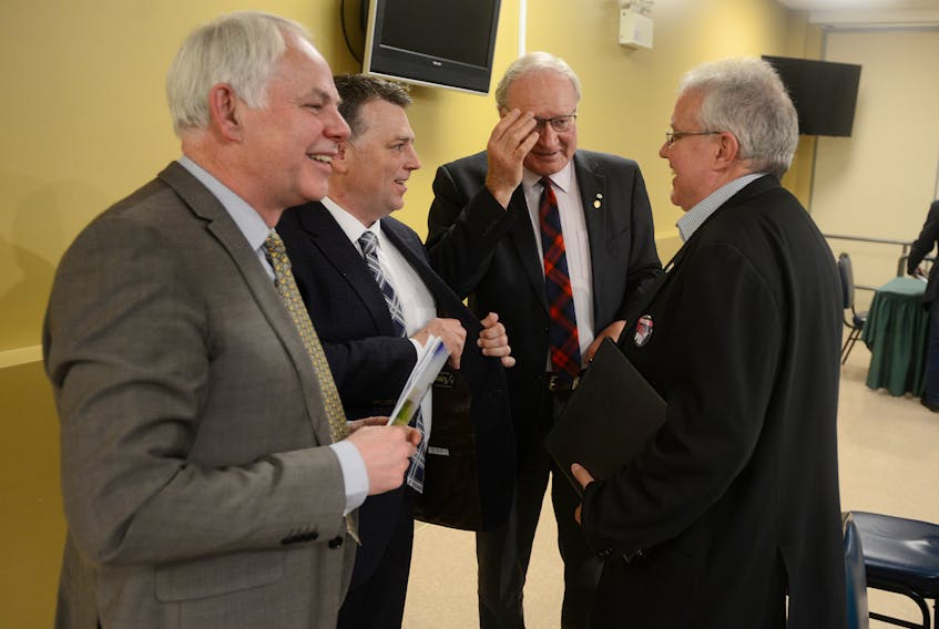 Green Leader Peter Bevan-Baker, from left, PC Leader Dennis King, Liberal Leader Wade MacLauchlan and NDP Leader Joe Byrne s chat following Wednesday’s agriculture debate hosted at the Murchison Centre. The debate, hosted by the Federation of Agriculture, saw the party’s offer differing views on how to support the industry.