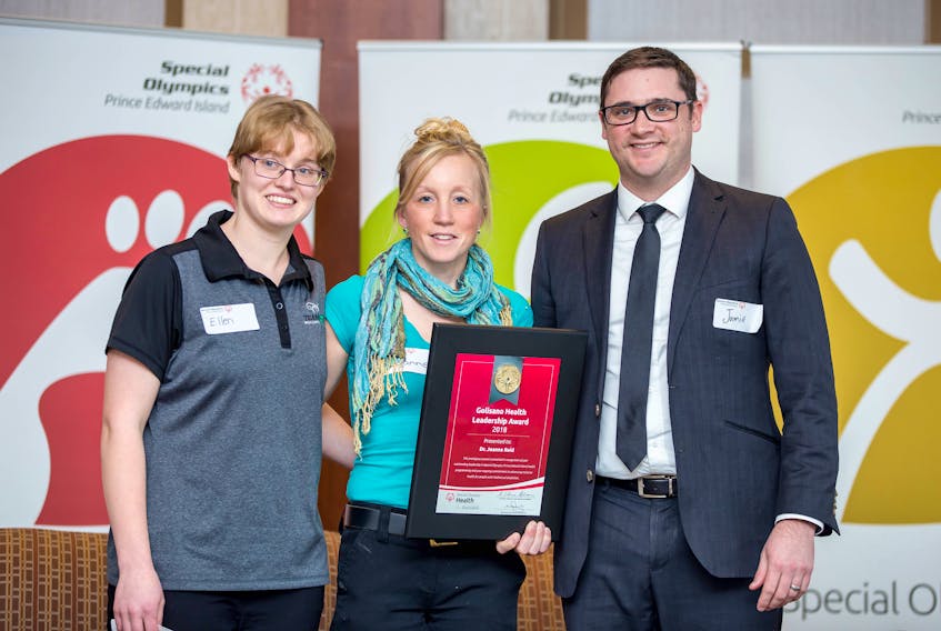 Dr. Joanne Reid, centre, receives the Golisano Health Leadership Award from Special Olympics Canada’s 2018 female athlete of the year Ellen MacNearney, left, and Jamie Arsenault, Special Olympics P.E.I.’s president at a luncheon in Charlottetown.