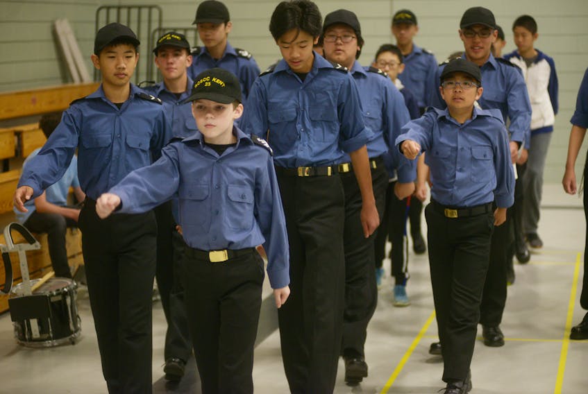 Members of the 23 Royal Canadian Sea Cadet Corps (Kent) practise marching in anticipation of the Freedom of the City ceremony being held in Charlottetown today.