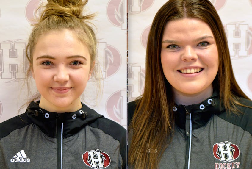 Mackenzie Koughan, left, and Sam Higgins play hockey for the Holland College Hurricanes women's hockey squad.