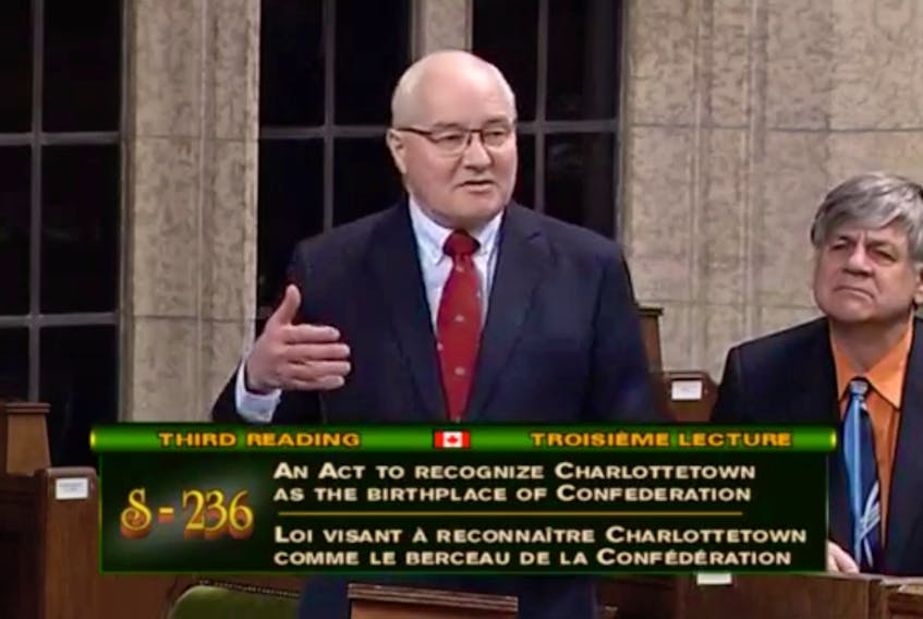 In this screenshot from a live stream video, Malpeque MP Wayne Easter speaks to Bill S-236, an act to recognize Charlottetown as the birthplace of Confederation, in the House of Commons in Ottawa on Monday, Dec. 12, 2017.