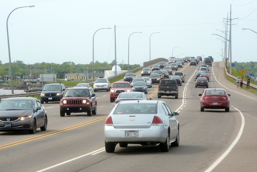 Suppertime traffic crosses the Hillsborough Bridge connecting Stratford and Charlottetown on Tuesday. The bridge was the site of 31 collisions, including one fatality, from 2013 to the end of 2017.