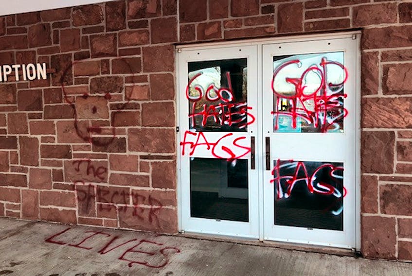 The RCMP distributed this photo of spray-paint damage to a church in Stratford. Police are asking for tips from the public about who might have been involved in this crime, said to have taken place sometime overnight Friday, Feb. 9.  ©THE GUARDIAN